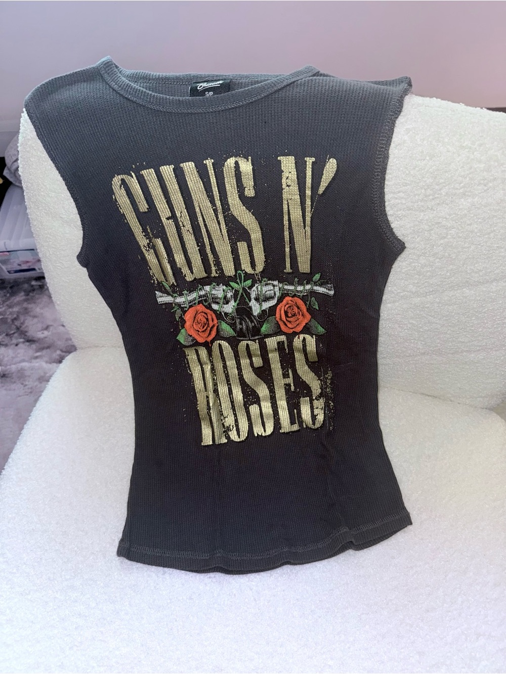 Guns n Roses tank top Small DIY cut bravado bling foil logo dark gray color